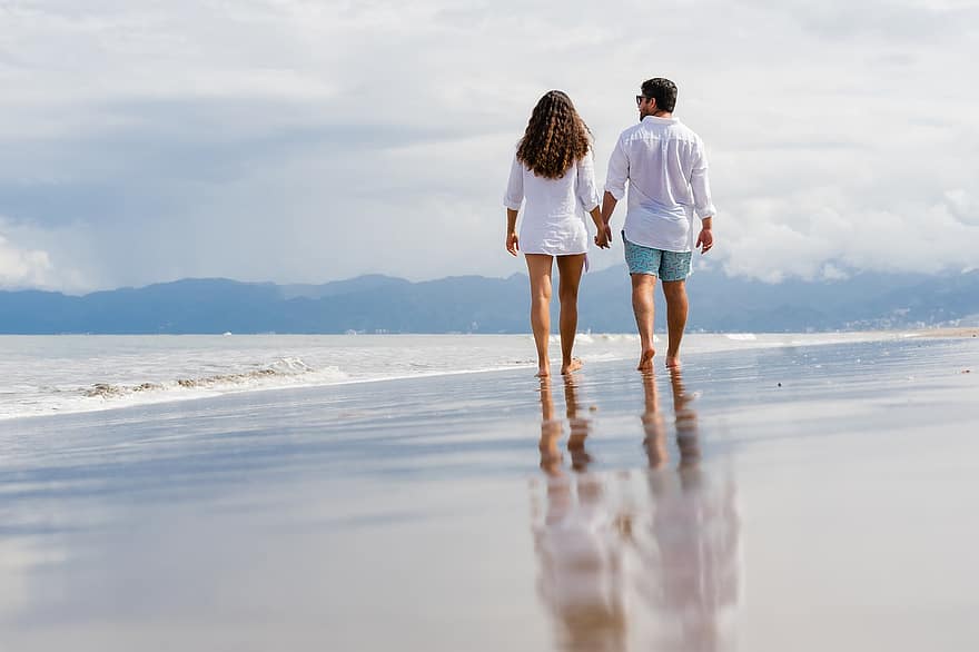 Beach, Couple, Leisure, Stroll, Romantic, Love, Lovers, Together, Romance, Relationship, Man