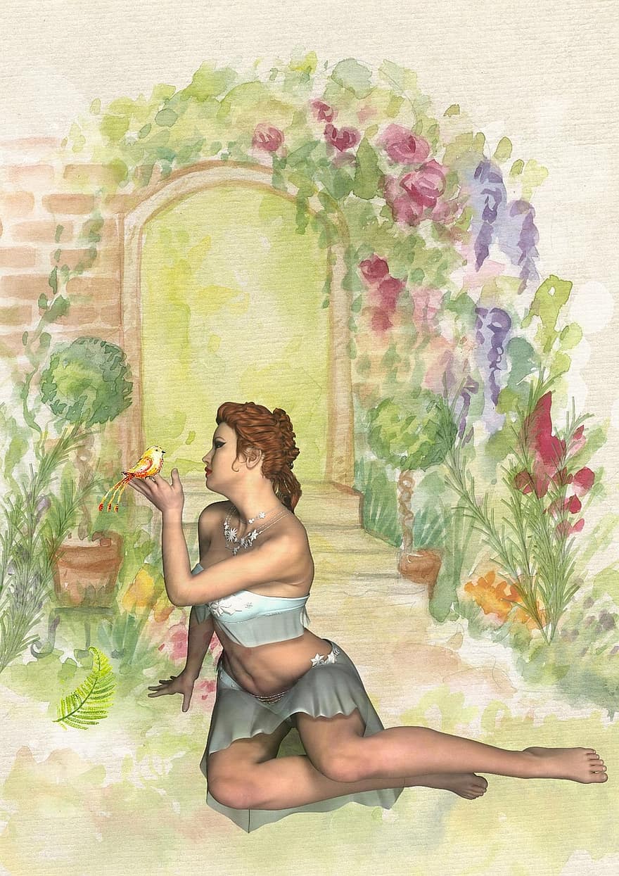 dziewczynka, ptak, drzwi, ogród, akwarela, bajka, dłoń, fantastyka naukowa, kwiat, magiczny, Fantazja