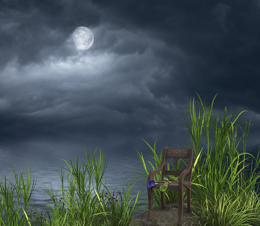 naktis, fantazija, niūrus, mėnulio šviesa, jūros, naktinis dangus, tyla, vienatvė, kėdė, atmosfera, dangus