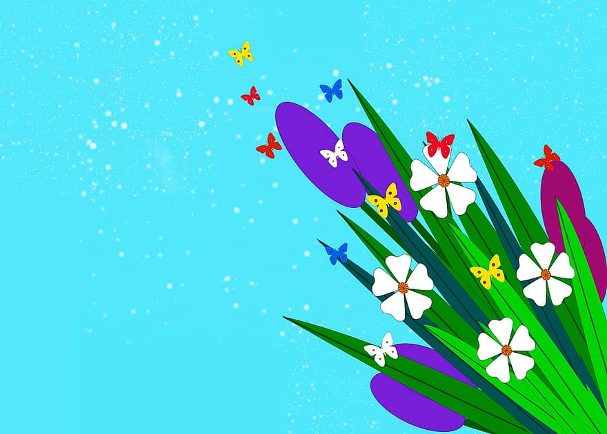 blomster, lykønskningskort, buket, sommerfugle, Mors Dag, blomst, baggrunde, vektor, illustration, plante, blå