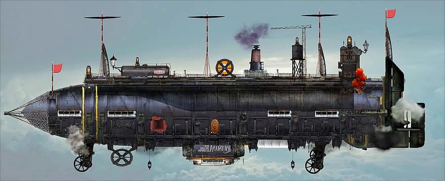 dirijabil, Steampunk, fantezie, Dieselpunk, Atompunk, operă științifico-fantastică, cer, nori, aburi, călătorie