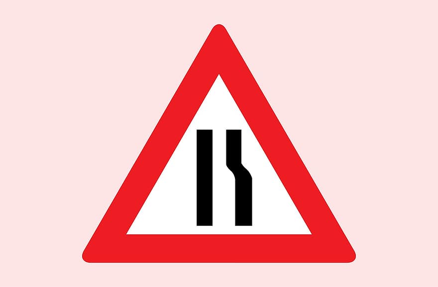 kelias, susiaurėja, kairė pusė, ženklas, įspėjimas, raudona, atspindintis, eismas, važiuoti, dėmesį, atsargiai