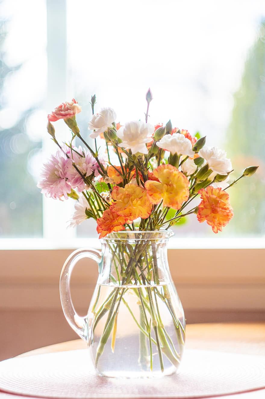 Blumen, Tabelle, Strauß, Fenster, Vase, Nelke, Blume, Pflanze, Sommer-, Nahansicht, Frische