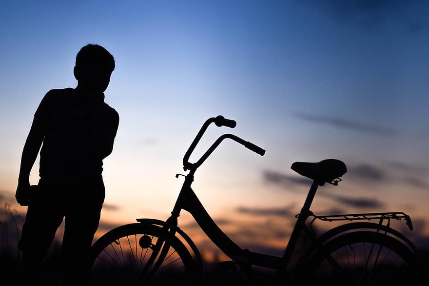 bicicleta, niño, puesta de sol, silueta, oscuro, oscuridad, noche, sombra