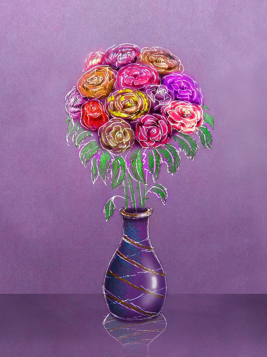 ваза, букет, малюнок, Натюрморт, листівка, троянди, квіти, квіти у вазі, Троянди у вазі, флора, подарунок