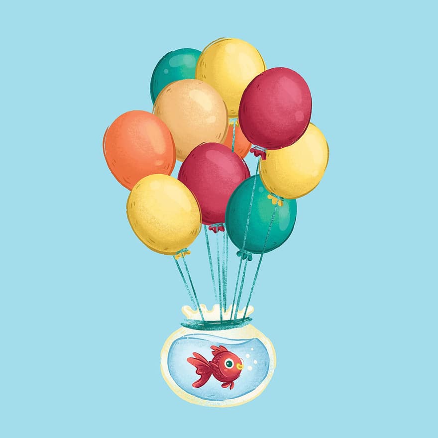 Balloons, Fish, Fishbowl, Sky, Aquarium, Dreams, Magic, Fairytale, Fantasy, Surreal
