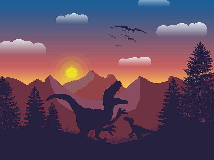 динозавр, небо, природи, захід сонця