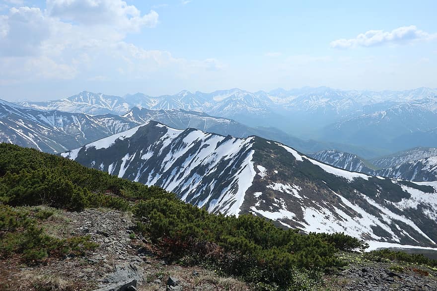 montañas, alpinismo, rangos, cámping, altura, nieve, espacio abierto, piedras, Kamchatka, pendientes, Valle