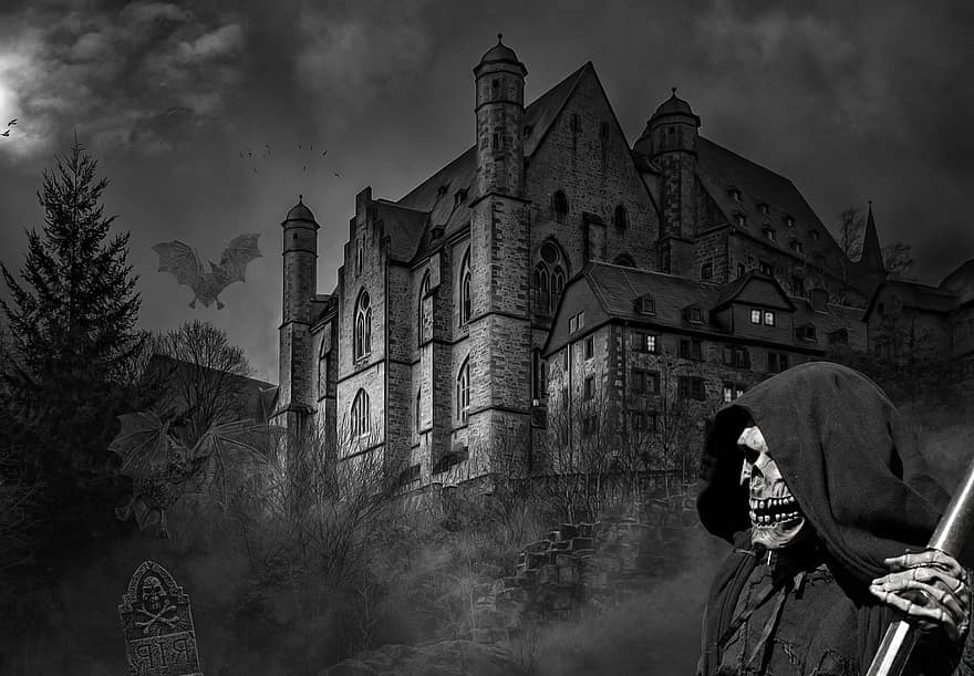 borg, ghost castle, mørke, merkelig, mystiske, måneskinn, dystert, natt, skummel, halloween, fantasi