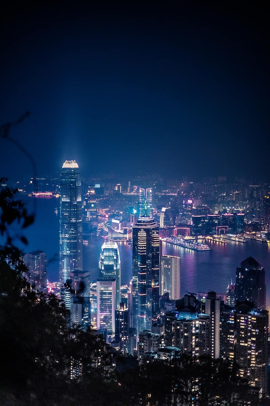 Хонг Конг, градски пейзаж, нощ, светлини, град, градски, пристанище на виктория, HK, сгради, небостъргачи, столичен