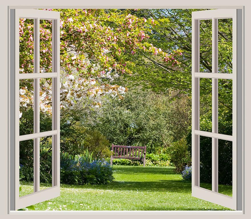 primavera, giardino, vista, finestra, Aperto, alberi, fiorire, erba, sfondo di primavera, verde, natura