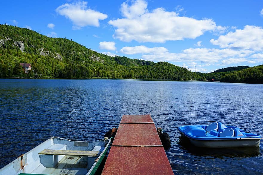 innsjø, Canada, reise, pongtonger, Québec, sommer, vann, landskap, nautisk fartøy, blå, fjell