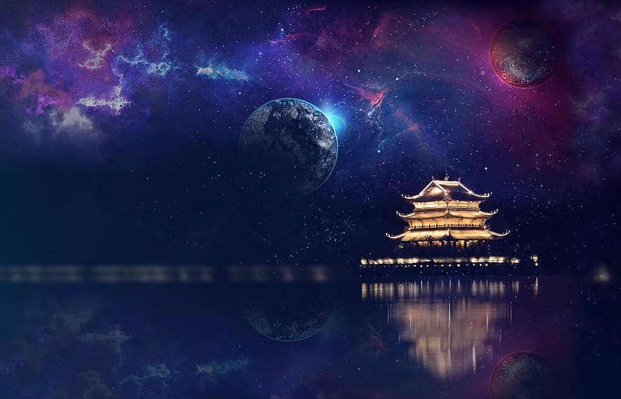 пагода, Япония, нощ, архитектура, планета, фантазия, сюрреализъм, пространство, нощно небе, тапети, тапет за работния плот