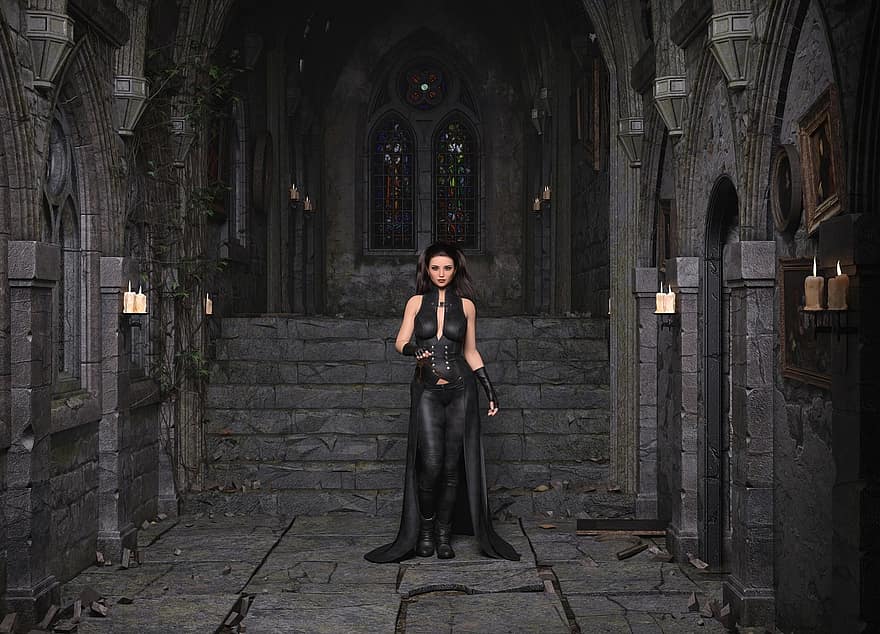 kvinde, gotisk, mørk, ruiner, kirke, værge, stearinlys, Kvinder, en person, voksen, gotisk stil