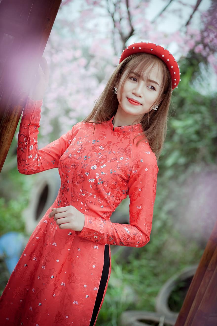 женщина, ао дай, вьетнамский, азиатка, мода, модель, девушка, женский пол, прекрасный, Красный Ао Дай, длинное платье
