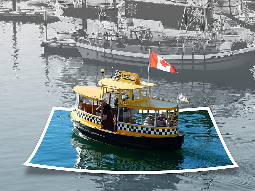 bote, Ferry del puerto, polaroid, aislado, puerto victoria, Mini Taxi, excursión, Pub Crawl, turismo, Canadá, columbia británica