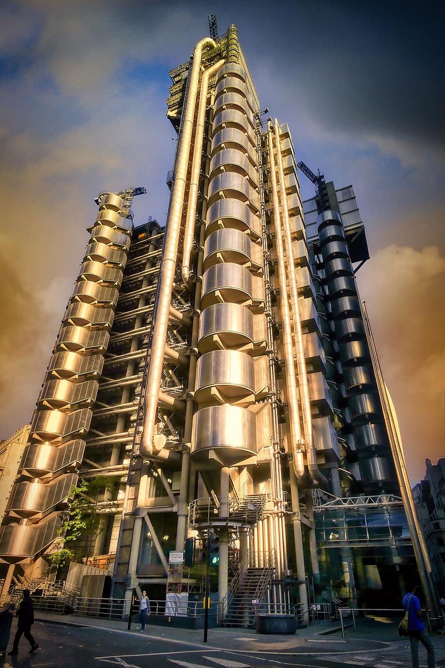 небостъргач, Лондон, Англия, град, сутрешна светлина, облаци, метал, стълбища, архитектура, нощ, изградена конструкция