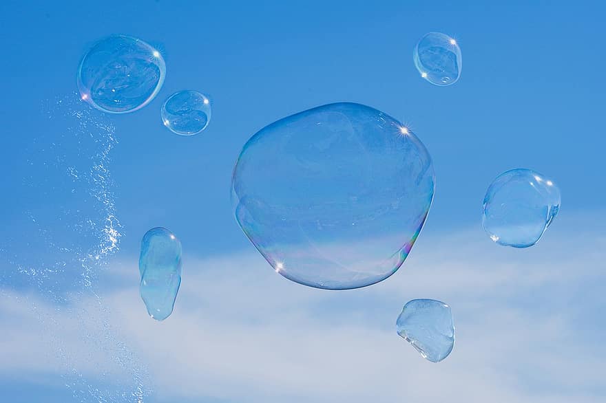 burbujas de jabón, cielo, azul, burbuja, de cerca, verano, transparente, soltar, antecedentes, mojado, frescura