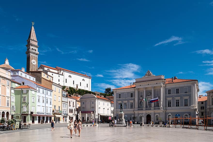 Piața orașului, Piran, Slovenia, oraș, arhitectură, loc faimos, exteriorul clădirii, peisaj urban, turism, călătorie, culturi