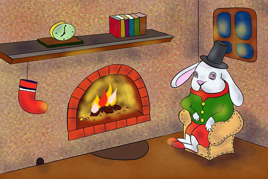 Rabbit, Hare, Christmas, Stocking, Shelf, Armchair, Warm, Cozy, Home, Hearth, Fireplace