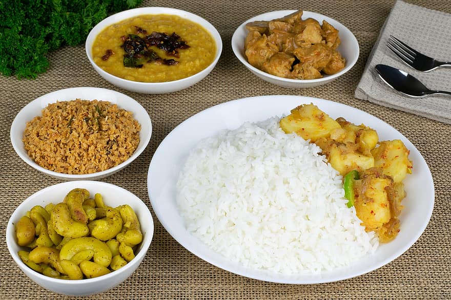 ris, mat, asiatisk, tallerken, måltid, grønnsaker, karri, middag, lunsj, sri lankan, tradisjonell