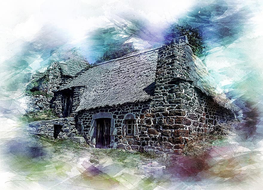 Cottage, Casa, paglia, pierre, costruzione, architettura, antico, vecchio, rustico, manipolazione digitale