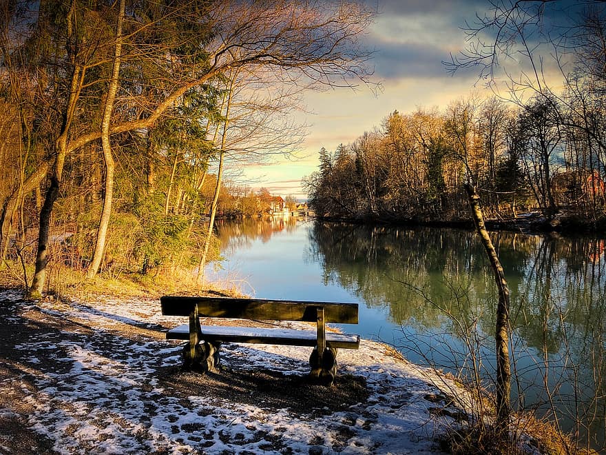 Bench, Nature, River, Outdoors, Outlook, Flow, Lech, Forest, Trees, Riverbank, Winter