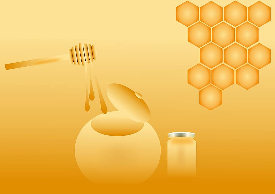 honing, honingraat, pot, geel, bijenkorf, zeshoek, was-, bijenwas, voedsel
