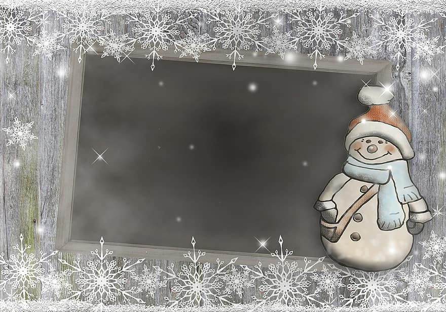 pupazzo di neve, tavola, i fiocchi di neve, stella, nuvole, telaio, berretto, rosso, Capodanno, biglietto d'auguri, Vigilia di Capodanno