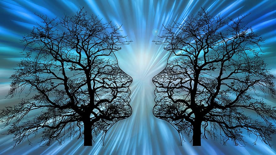 medžiai, veidus, dialogą, nervai, smegenys, nervų takai, siluetai, sąveika, komunikacijos, psichologija
