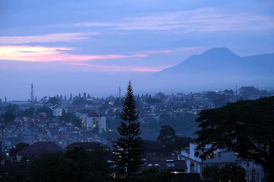 Miasto, bandung, wschód słońca, świt, ranek, miejski, mgła, Góra, niebo, chmury, Północne Bandung