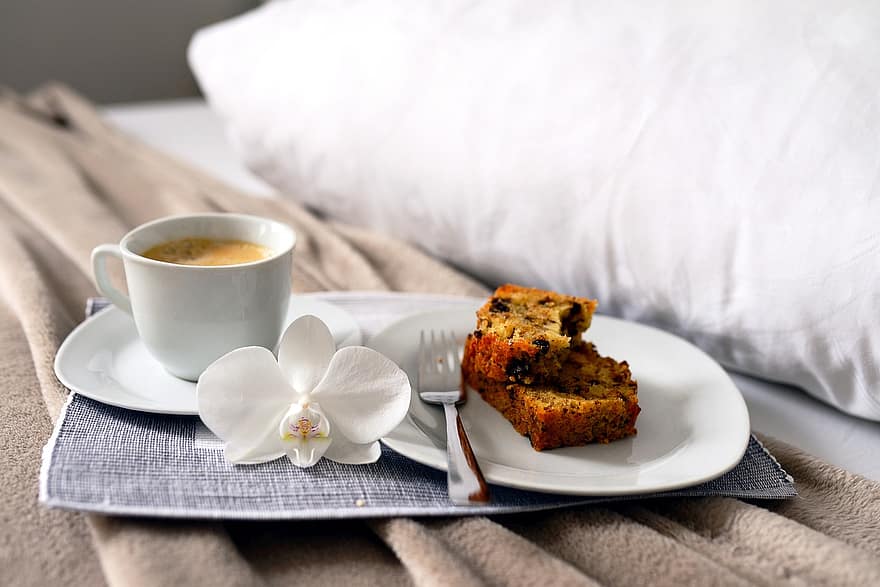 Coffee, Breakfast, Bed, Food, Cake, Pastry, Drink, Beverage, Breakfast In Bed, Place Setting, Coffee Cup