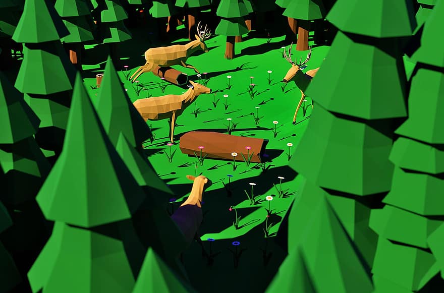 Deer, Forest, Low Poly, 3d, Animals, Wildlife, Fox, Trees, Nature, Glade, Clearing