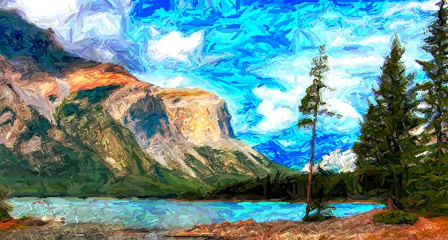 målning, målningar, berg, bergen, sjö, sjöar, himmel, måla, träd, ramverket, landskap