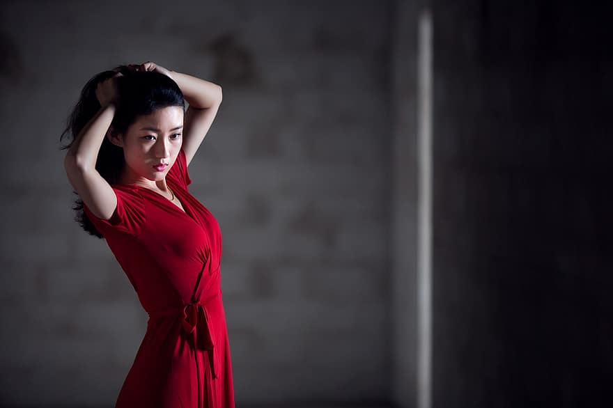 mulher, vestido vermelho, retrato, Mulher asiática, moda, noite