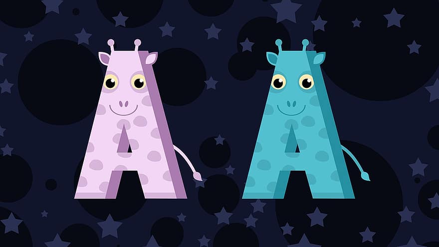 dibujos animados, jirafas, niño, niña, Letra y, para niños, linda, fuente, rosado, azul, estrellas