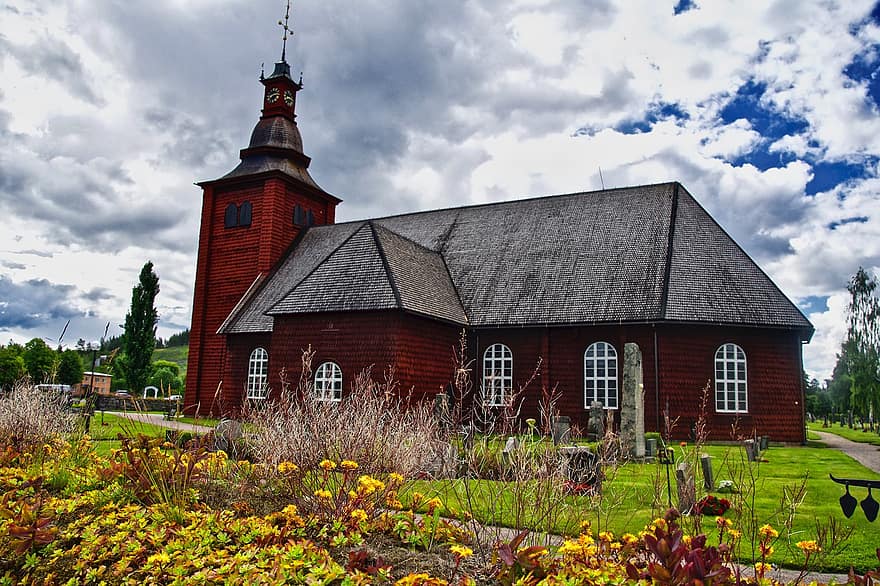 nhà thờ, làng, vườn, nông thôn, những bông hoa, kiến trúc scandinavian, Kiến trúc Bắc Âu, thánh đường