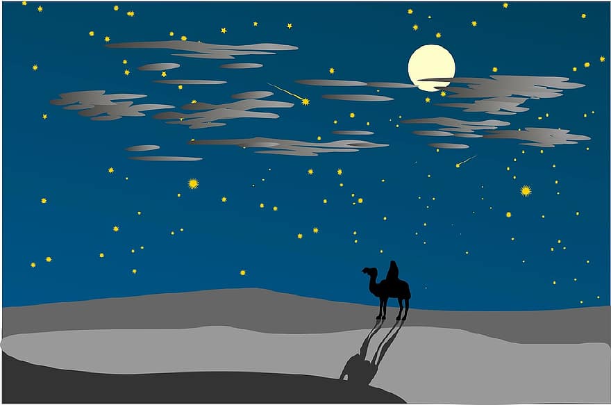 пустинен, пейзаж, през нощта, лунна светлина, звезда, романтичен, пълнолуние, нощно небе