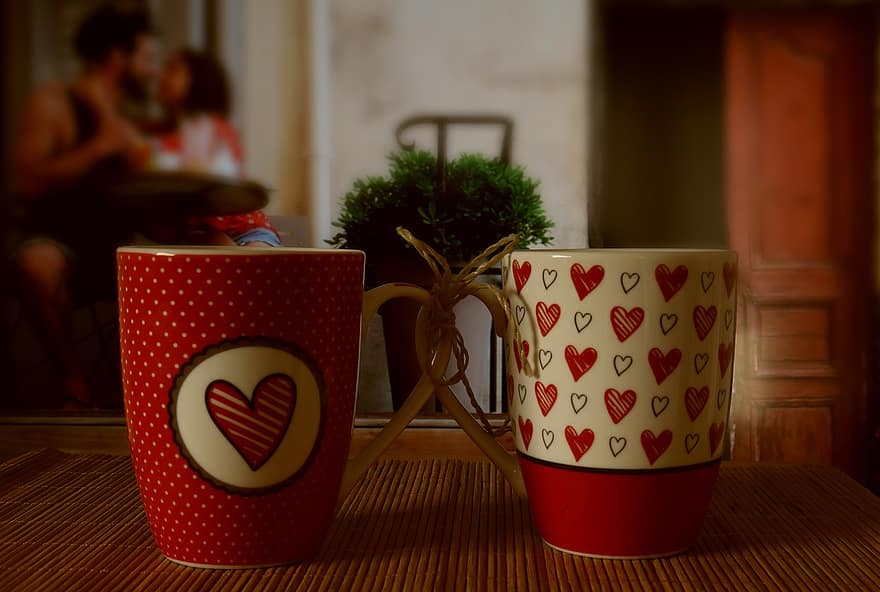 kopper, krus, elskere, kaffe, hjerte, kærlighed, sammen, forbundet, bånd, romantisk