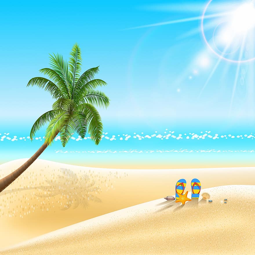 strand achtergrond, palmboom, oceaan, surfplank, Stoel Paraplu, zon, strand, zomer, tropisch, natuur, reizen