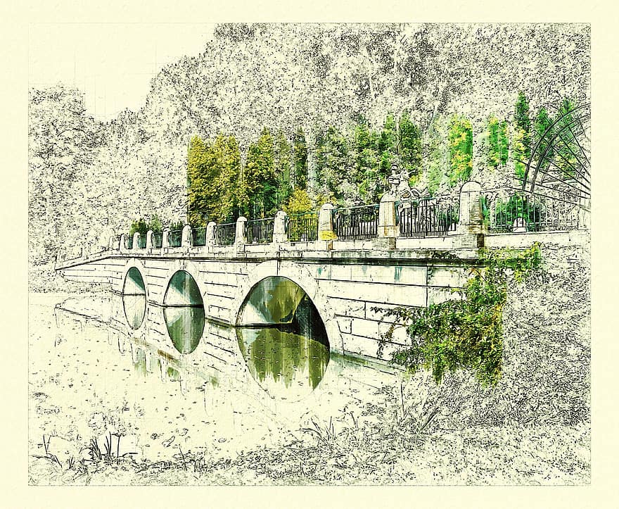 мост, парк, лес, архитектура, сад, природа, Европа, пейзаж, старый, старомодный, иллюстрация