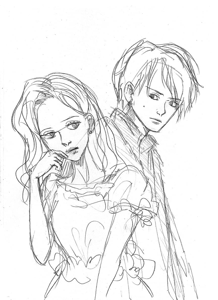 Young Woman, Boy, Sketch, Drawing, Pair, Love, People, Pencil, women, illustration, cartoon
