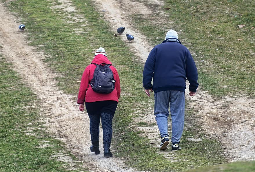 Woman, Man, Backpack, Walking, Together, Pathway, Slope, Park, Birds