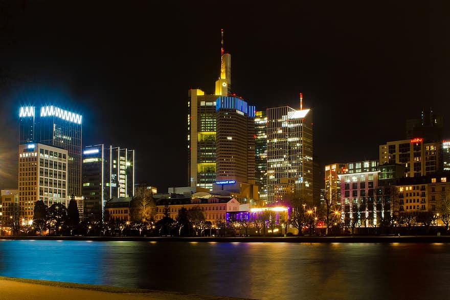 thành phố, các tòa nhà, du lịch, ngành kiến ​​trúc, thành thị, Frankfurt, lưu lượng, đêm, tòa nhà chọc trời, cảnh quan thành phố, đường chân trời thành thị