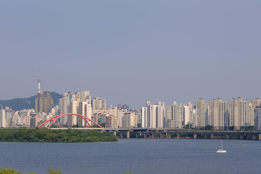 ville, rivière han, Corée du Sud, pont, Capitole, Yeouido, immeubles, architecture, paysage urbain, gratte ciel, endroit célèbre