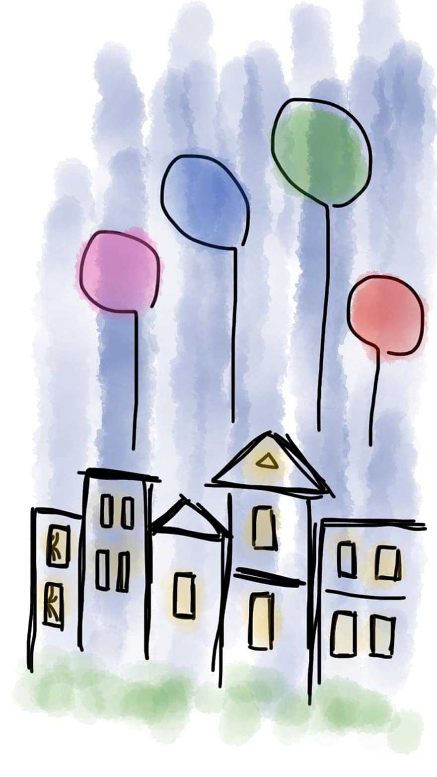 Balloon, House, Building, Night, Colorful, Blue, Dark, Light, Fly, Landscape, Color