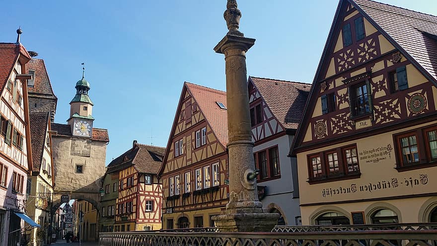 rothenburg ob der tauber, pusiau mediniai namai, miesto vartai, gatvė, pastatai, arka, Senamiestis, laikrodis, bokštas, architektūra, istorinis
