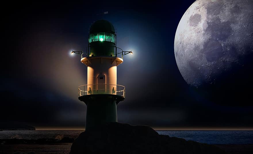 маяк, місяць, ніч, abendstimmung, горизонт, будівлі, архітектура, промені, світло, сяючий