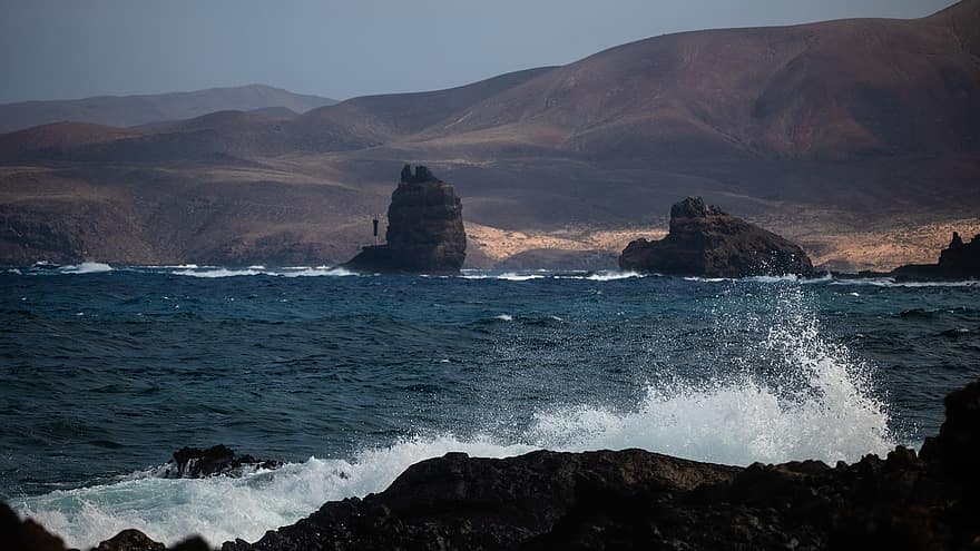 Ocean, Sea, Volcano, Lava, Surf, Spain, La Graciosa, Canary Islands, Himmer, Nature, Landscape
