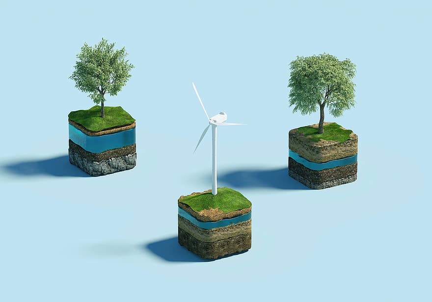 풍차 비슷한 것, 나무, 지속 가능성, 풍력 터빈, 자연, 환경, 생태학, 잎, 푸른 잎, 3d 렌더링